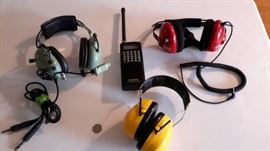 Programmable scanner, 2 way radio head sets (2) and noise cancelling headphones.