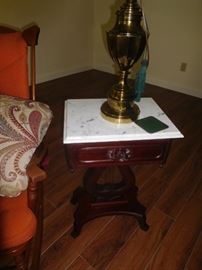 Pair of marble top lyre tables