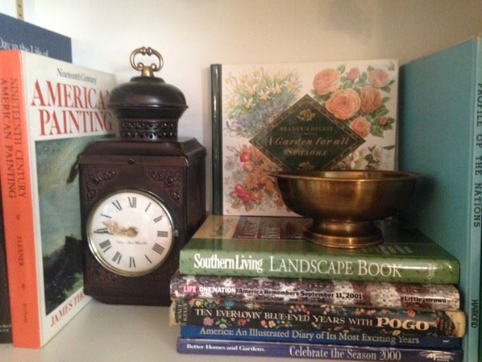 Decorative clock; coffee table books