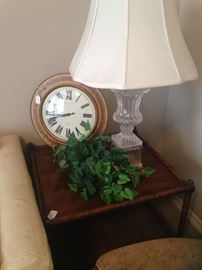 2-tier end table; clock; one of many lamps