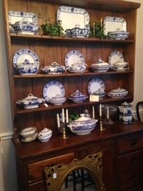 Antique breakfront and fabulous selection of antique and vintage blue & white plates, platters, and  lidded bowls