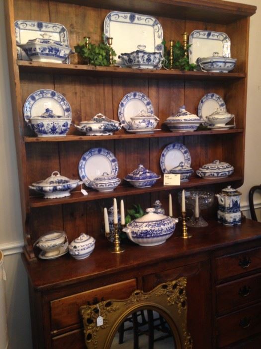 Antique breakfront and fabulous selection of antique and vintage blue & white plates, platters, and  lidded bowls