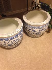 Two large blue & white planters