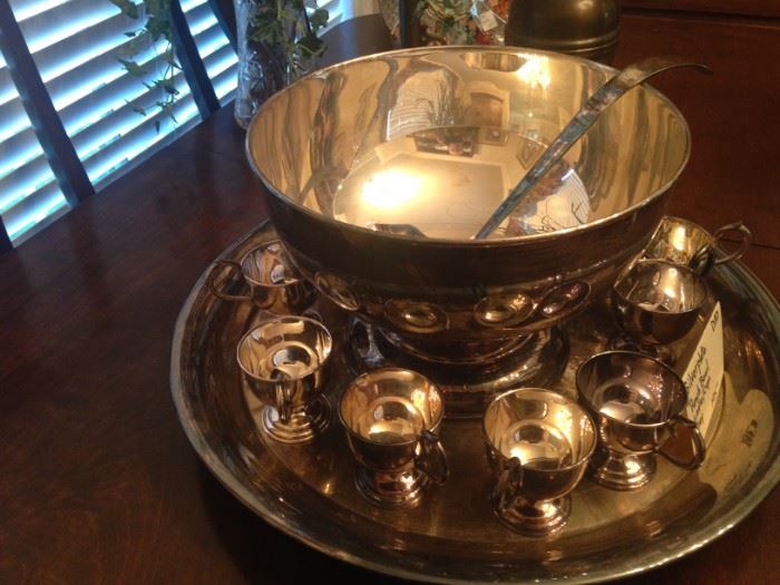 Silver plate punch bowl & cups