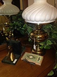 Vintage brass lamp with swirled glass shade