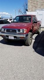 #52: 1995 Toyota Tacoma Truck
Estimated DMV Registration: $256 and $70 doc fees 

Year: 1995
Make: Toyota
Model: Tacoma
Vehicle Type: Pickup Truck
Mileage: 
Plate: 
Body Type: 2 Door Cab; X-Cab
Trim Level: Base
Drive Line: 4WD
Engine Type: L4, 2.7L; DOHC
Fuel Type: Gasoline
Horsepower:
Transmission:
VIN #: 4TAUN73C8SZ062368