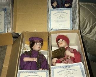 Ashton Drake dolls--The Nativity, all in original boxes. Set includes 3-piece Holy Family, 2 shepherds, 3 wisemen and 1 angel.