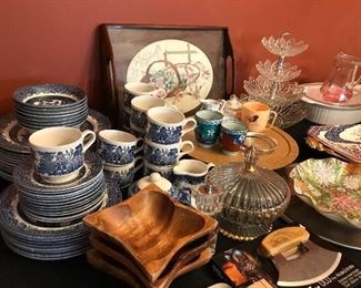 Churchill "Blue Willow" china, decor, wooden ware, china, glassware and serving ware.