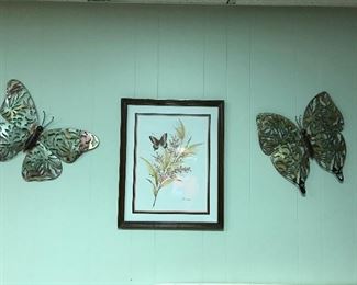 Butterfly wall decor--framed print and metal butterflies.
