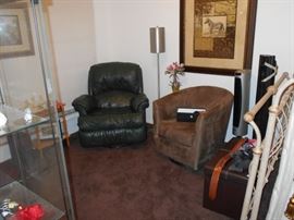 leather recliner and ultra suede club chair