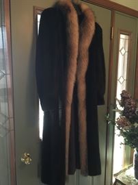 Full length male mink mahogany fur trimmed with fox.