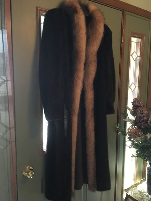 Full length male mink mahogany fur trimmed with fox. 