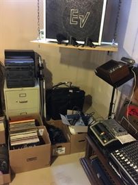 Pair EV Speakers, Mackie mixer, Crown power base, Yamaha AMP mixer, Tascam portable vocal trainer, Korg Rhythm, Optimus turn table, Magnavox all-in-one tuner, amplifier, cassette player with speakers.