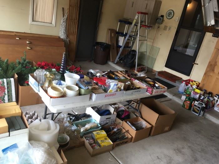 Table top, below and 4 walls full of house items, tools, garden, yard, patio, and golf.