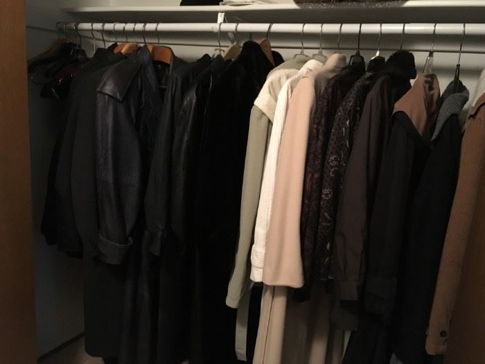 His and Her closet full of evening and everyday wear coats and jacket. Of wool, leather, ostrich and nylon.