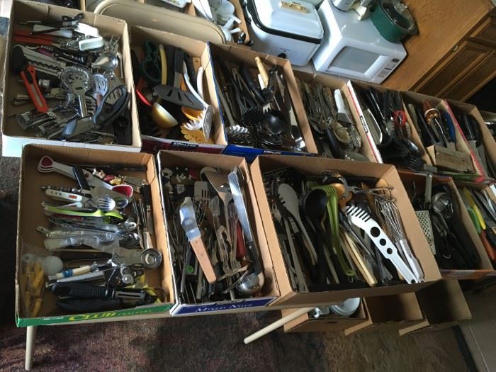 A few hundred pieces of kitchen gadgets, knives, and serving utensils.