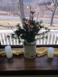 Remote Control LED Candles and Handcrafted Evergreen Centerpiece In an White Birchbark Base