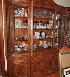 China cabinet with Lladro and B&G figurines, large porcelain teacup collection including Aynsley, Lindner, Paragon, Tirschenrueth, Noritake, LeMieux