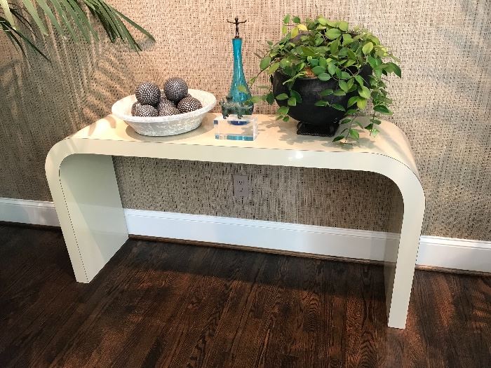 Vintage Karl Springer Style White Laminate Modernist Waterfall Console Table