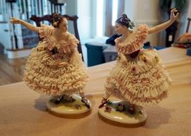 Dresden Style Fine Porcelain And Lace Victorian Dancers, 10" Tall, Qty 2, Each Marked With Blue Crown