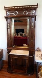 Solid Wood Hall Tree With Beveled Glass Mirror, Brass Accents And Marble Style Top, 87" x 40" x 15"