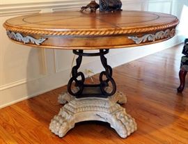 Round Pedestal Table With Stamped Veneer Top And Cast Claw Feet, 30" x 44" Round