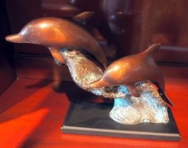 Bronze Cast Dolphin Statue, 11" x 15" And 6" Glass Seal 