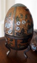 Indonesian Metal & Porcelain Egg With Stand, Matching 10" Bowl, 29" Vase Style Table Lamp, Storage Box And More