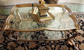 Scalloped Edge Coffee Table With Beveled Glass Top, 23" x 54" x 37.5"
