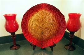 3 Hands, Hand Painted, Glass Leaf 18" Platter With Stand And 15" Glass Stemmed Votives With Battery Powered Tea Lights, Qty 2