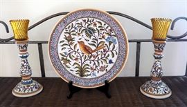 Portuguese Hand Painted 11.5" Ceramic Plate And Stand With Matching 11" Candle Sticks, Qty 2