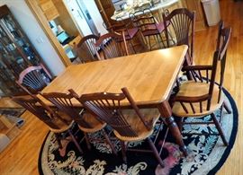 Canadian Solid Wood Dining Table, 30" x 77" x 38" Including 18" Leaf With 8 Matching Spindle Back Dining Chairs
