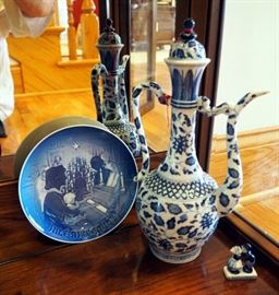 Danish B & G Copenhagen Porcelain Christmas Collector Plate, Delft Blue Dutch Boy And Girl And 13" Porcelain Tea Pot With Lid