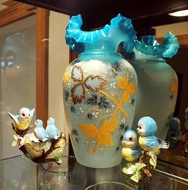 J.K. Hand Painted Glass Vase With Ruffled Edge, 12" Tall And Ceramic Blue Bird Figurines Made In Japan, Qty 2