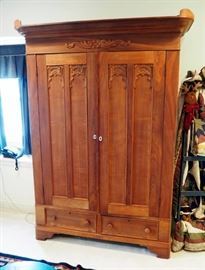 Antique Solid Wood Armoire With 2 Drawers And 3 Internal Shelves, Approx 88" x 64" x 23"