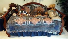 Solid Wood Day Bed With Scrolled Arms And Metal Accents, Includes Trundle Bed, Mattresses, Bedding And Stuffed Animals, 40" x 87" x 41"