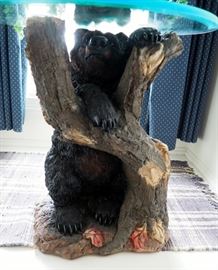 Cast Resin Black Bear Occasion Table With Round Beveled Glass Top, 22" x 20" Includes Artificial Potted Plant