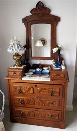 Antique Solid Wood Wash Stand With 5 Drawers, Tilting Mirror And Marble Top, 83" x 41" x 21"