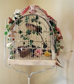 Wire Framed Bird Cage With Cast Iron Stand, 68" Tall