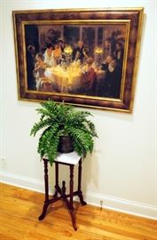 Framed Victorian Print, 33" x 44" With Marble Top Occasion Table 29" x 14" x 14" With Potted Artificial Plant