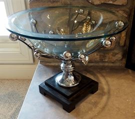 17" Glass Bowl With Metal Branch And Leaf Pedestal And Base
