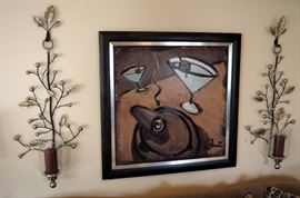 Framed Print With Metal Accents, 38" x 38" With Metal Branch Style Candle Wall Sconces, 44" Tall, Qty 2