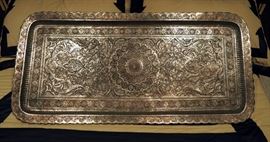 Indonesian Hand Tooled Metal Tray, 45.5" x 22"