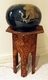 Hand Painted Glazed Bowl With Lid, 14" Round Includes Carved Grape Leaf Pedestal Table