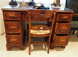 Antique Solid Wood Secretary Desk With Glass Top And 7 Drawers, 31" x 46" x 24" Includes Antique Wood Rose Back Chair