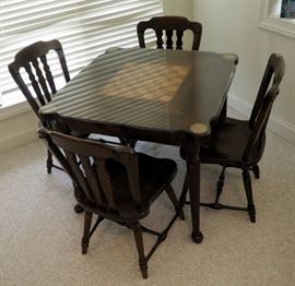Solid Wood Game Table With Checker Board Top And Custom Glass top, 30" x 34" x 34" Includes 4 Solid Wood Chairs