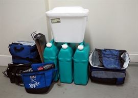 Soft Sided Coolers Qty 5, Styrofoam Cooler And 6 Gallon Water Tanks Qty 3