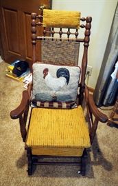 Antique Solid Wood Springed Rocker With Front Casters, 40" High, Includes Throw Pillow