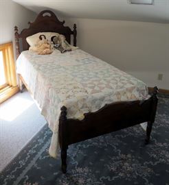 Antique Solid Wood Twin Bed Including 56" Tall Headboard, 29" Tall Foot Board, Mattress, Box Spring, Rails And Bedding
