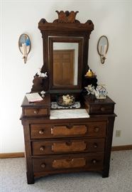 Antique Marble Top Wash Stand Dresser With Tilting Mirror, 74" x 40" x 18" With Mirrored Candle Sconces And Ceramic Nic-naks
